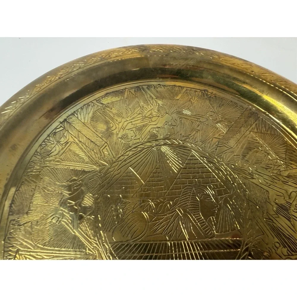 Brass Etched‎ Dish Plate Egyptian Theme Pyramids Wall Hanging Decor Vintage
